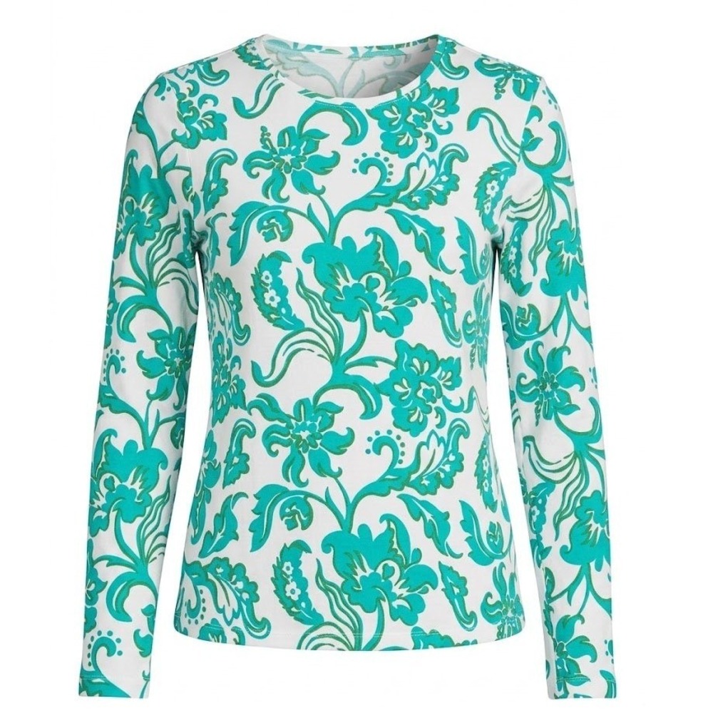 Lands End Womens M 10-12 Floral Long Sleeve Turquoise Green Catalina Shirt